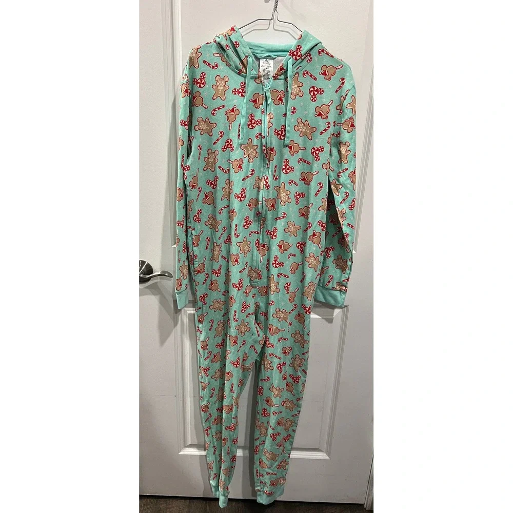 Disney Adult Pajama Union Suit Mickey Gingerbread Mint Green Size M